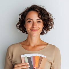 Colorimétrie dans la mode : une femme en T-shirt blanc présente un nuancier de couleurs devant elle en souriant, sur fond blanc : publicité pour prestation beauté, styliste et personal shopper