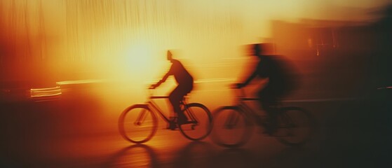 Silhouettes of cyclists speed through a warm, glowing haze, creating an impressionistic blend of movement and light.