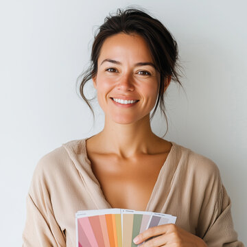 Colorim&eacute;trie dans la mode : une femme en T-shirt blanc pr&eacute;sente un nuancier de couleurs devant elle en souriant, sur fond blanc : publicit&eacute; pour prestation beaut&eacute;, styliste et personal shopper