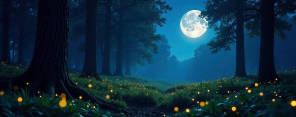 Forest floor illuminated by the soft glow of fireflies and the light of a full moon, nighttime, scenery