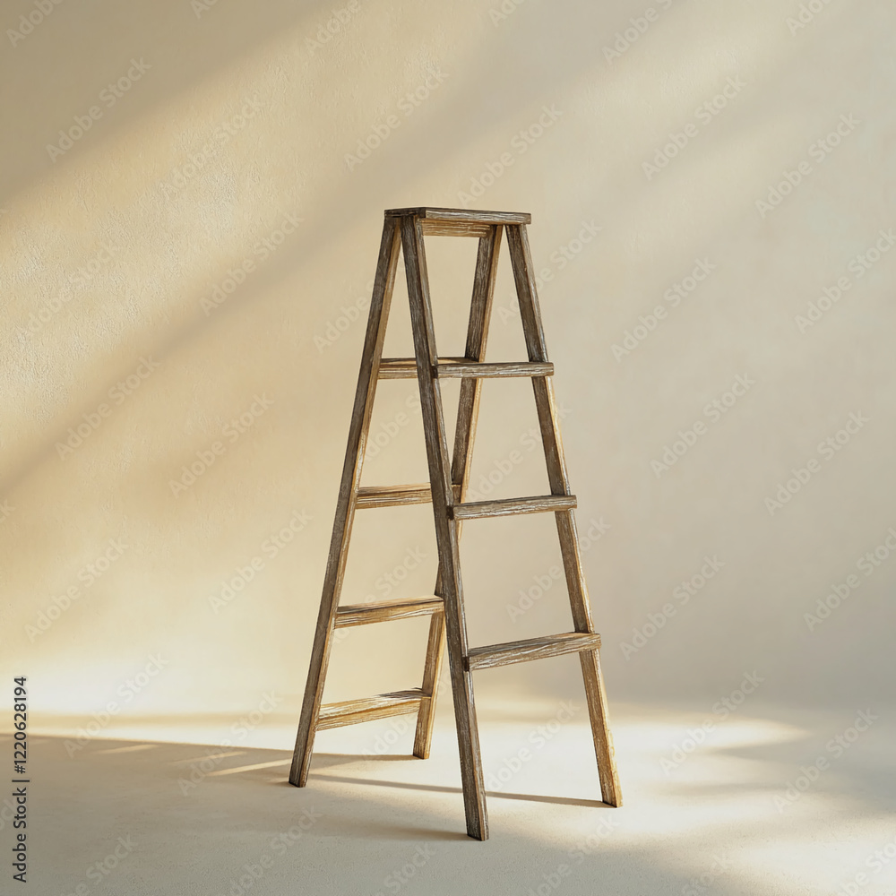 Poster rustic wooden ladder in a minimalist interior with soft lighting and shadows. business background