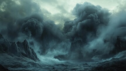 Fototapeta premium Heavy black clouds forming over a rugged mountain range, casting deep shadows