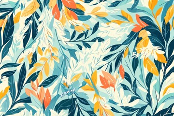 spring background series vector flat design with beautiful floral and leaves elements , pastel green, blue , yellow , orange colors , white calligraphy for text "spring"