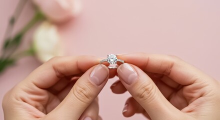 Fototapeta premium A close-up of a woman hands holding a sparkling diamond ring with a round cut stone against a soft pink background