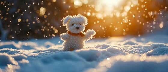 Obraz premium A fluffy toy dog stands cheerfully in the snow, with golden sunlight creating a magical scene of innocence and warmth.