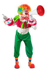 Funny clown shouting with loudspeaker. Entertainer Joker in colorful suit and wig. Trickster,...