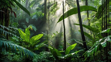 A vibrant and dense tropical rainforest with sunlight streaming through the canopy, highlighting various exotic plants and large green leaves. Mist rises in the background, creating a dreamy