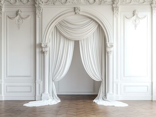 Serene Drapery Archway Unveils Grandeur Interior, White Walls and Elegant Decor.