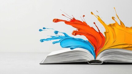 Colorful paint splashes emerge from open book creative art concept