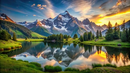 Golden hour paints the alpine lake, majestic mountains blurred in bokeh.