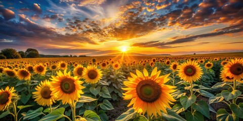 Fototapeta premium Golden hour sunrises paint vibrant yellow sunflowers in a peaceful rural field, capturing nature's serene beauty.