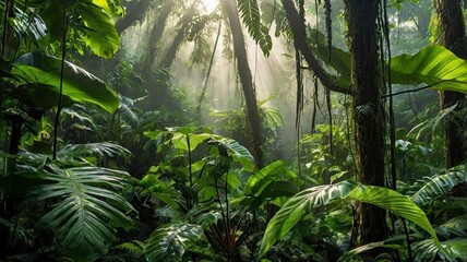 A vibrant and dense tropical rainforest with sunlight streaming through the canopy, highlighting various exotic plants and large green leaves. Mist rises in the background, creating a dreamy