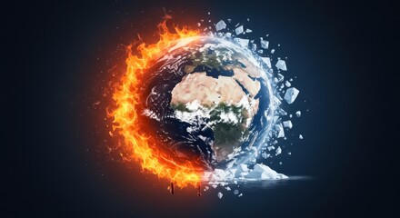 Fototapeta premium A dramatic visualization of Earth melting and burning with one half engulfed in flames and the other side showing ice breaking apart