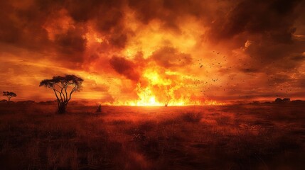 Intense fire blazing across a dry savannah under a smoky sky