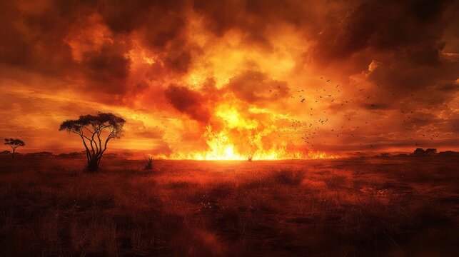 Intense fire blazing across a dry savannah under a smoky sky