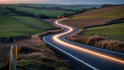 Winding road illuminating beautiful countryside at dusk