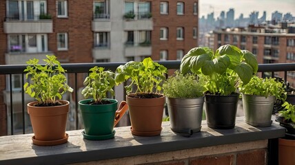 pair of hands planting herbs like basil and parsley in small pots on a balcony, with gardening tools, soil, and a watering can in view. The background shows an urban cityscape.