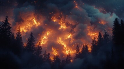 Fototapeta premium Intense forest fire lighting up the night sky with thick plumes of smoke