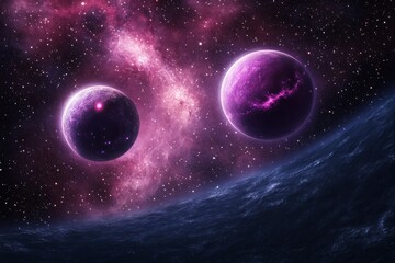 Two planets in space, with dark purple and pink colors, surrounded by stars against a galactic background.