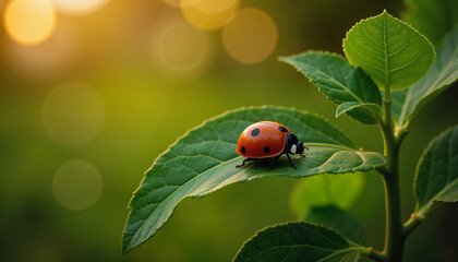 Ladybug perched on elegant leaf in serene park at dusk, nature's beauty