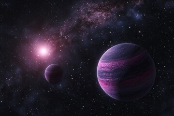 Obraz premium Two planets in space, with dark purple and pink colors, surrounded by stars against a galactic background.