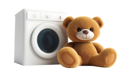 Teddy bear sitting next to home laundry appliance in white studio setting isolated on transparent or white background, png