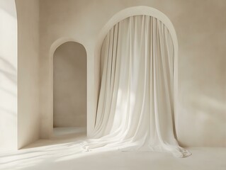 Serene White Curtain Flowing Through Arched Doorway In a Minimalist Interior Space.