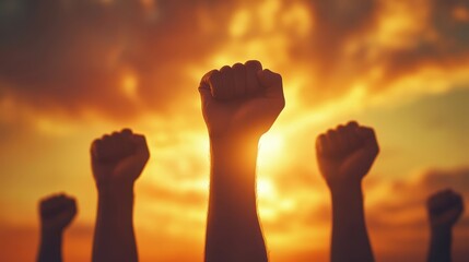 Fists Raised Against a Sunset Background