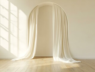 Serene White Curtains Flowing Gracefully in Sunlit Archway Creating Tranquil Scene