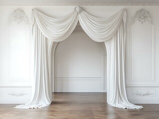 Serene White Curtains Drape Gracefully Opening Arched Doorway in Opulent Interior.