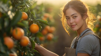 Young woman farmer smiling in orange orchard at sunset.