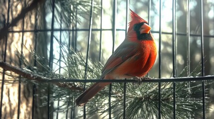 Obraz premium A brilliant red cardinal sits gracefully on a branch within a cage, surrounded by soft pine needles, showcasing its beauty against a gentle morning light.