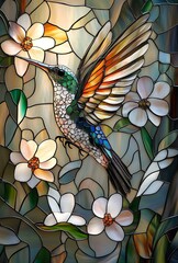 Vibrant Hummingbird Flying Amongst Blossoms in Stained Glass Style Display of Artful Nature.