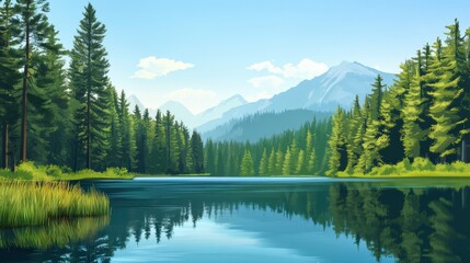 Nature background showcasing a tranquil lake surrounded by dense pine forests