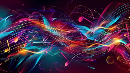 A vibrant and dynamic abstract musical background with glowing notes, sparks, and a flowing musical staff line.