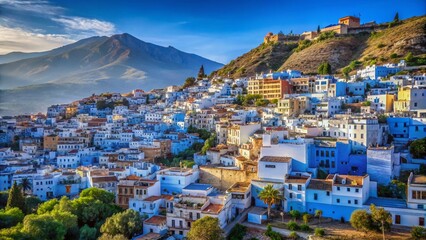 Naklejka premium Chefchaouen Morocco Blue City Mountain Landscape - Stunning Panoramic View