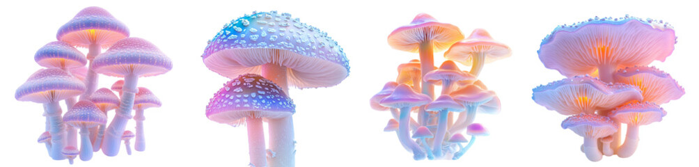 Colorful glowing mushrooms clusters on transparent background