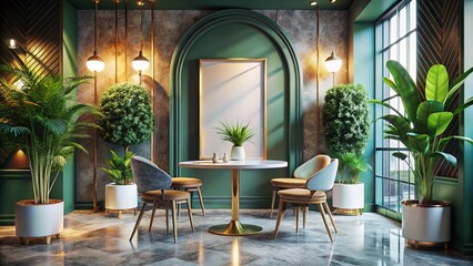 Obraz premium Chic Boutique Cafe Interior: Marble Floor, Round Table, Vertical Poster