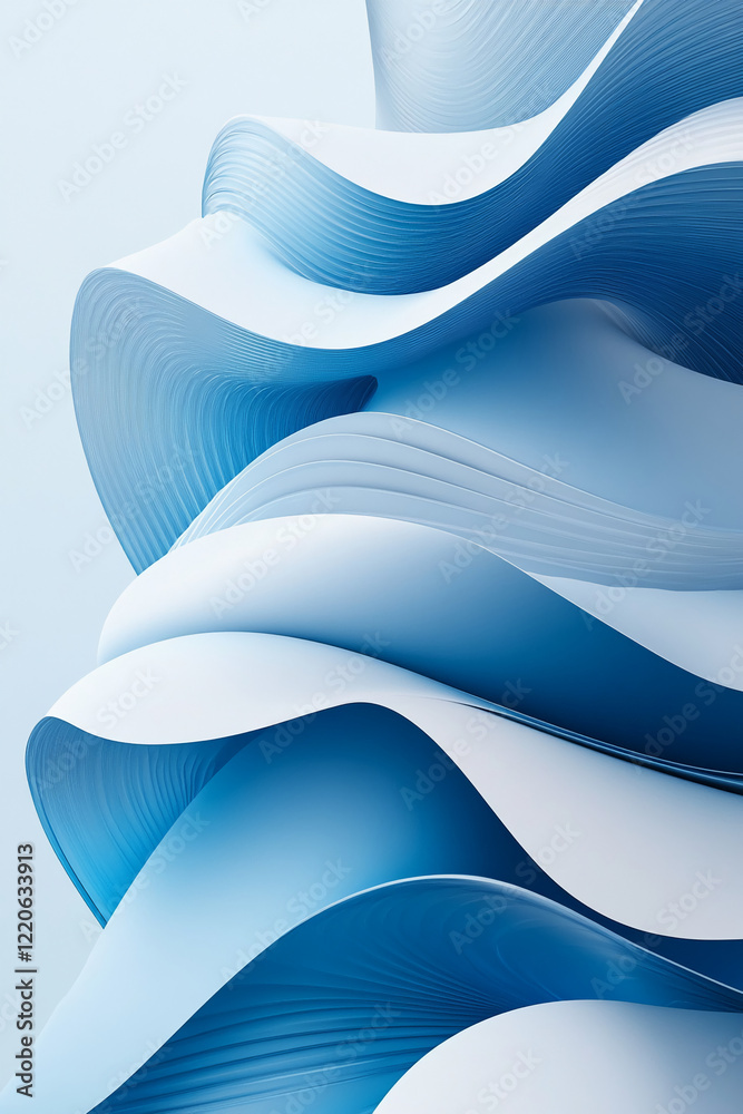 Poster Abstract blue and white wave-like layered patterns with fluid shapes and gradients