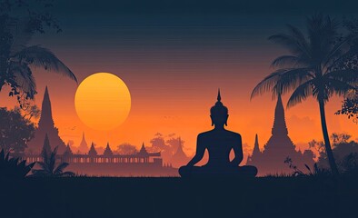 Obraz premium a Buddha silhouette with a temple background at sunrise, featuring a flat design