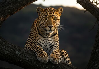 Obraz premium A realistic portrait photograph of a leopard on a tree, featuring a dark forest background with back daylight