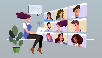 A professional woman leads a video conference from her stylish home office. A female entrepreneur presents to her team in a virtual meeting. Concept of remote work, leadership, and online business.