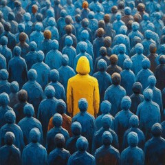 Obraz premium one yellow piece in the middle of the blue pieces represents the leader