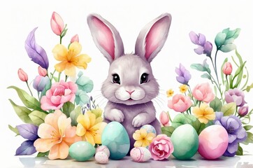 Obraz premium Watercolor painting of a spring Easter pet rabbit with colorful eggs and flowers decoration, holiday seasonal, culture and religion theme concept texture design illustration. 