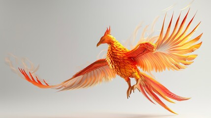 Fototapeta premium A 3D render of a phoenix, a mythical bird, flying with its wings spread and glowing with fire.