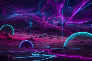a vibrant and surreal galactic landscape with glowing neon planets, swirling nebulas, and shimmering stardust trails