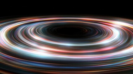 A captivating abstract representation of colorful light swirling around a central dark void, symbolizing the mystery of the universe and the dynamics of time and space.