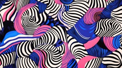 A bold pattern of intersecting stripes and waves in clashing colors for a dynamic visual.