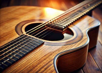 Obraz premium Close-up Acoustic Guitar, High-Resolution Stock Photo, Musical Instrument, Wood Texture, String Detail