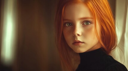 Fototapeta premium A portrait of a young girl with mesmerizing red hair and captivating green eyes, evoking a sense of innocence, beauty, and a unique personality amid soft lighting.